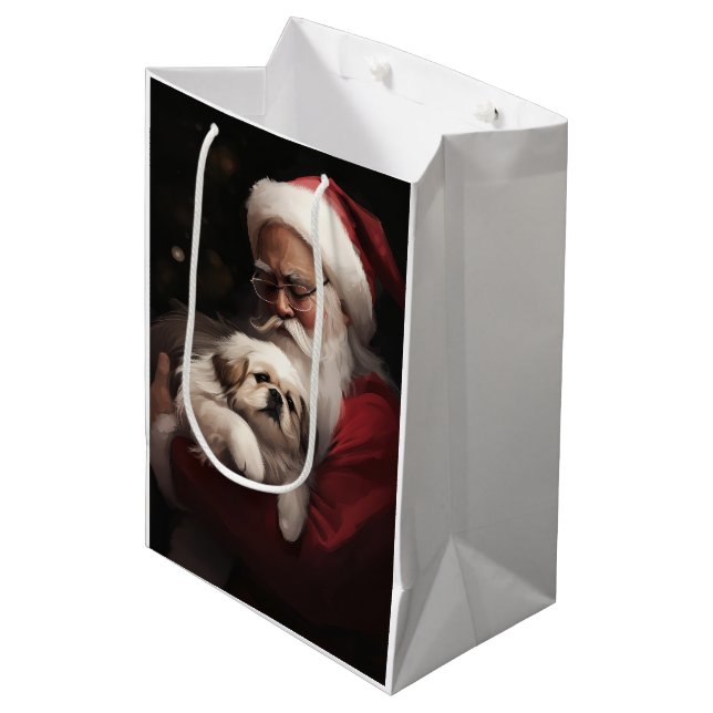 Sac Cadeau Moyen Pekingese avec le Père Noël Festif Noël (Devant Angle)