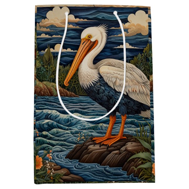 Sac Cadeau Moyen Pélican de mer blanc vintage (Devant)