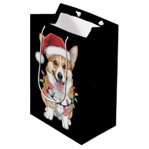Sac Cadeau Moyen Pembroke Welsh Corgi Père Noël Lumières de sapin d