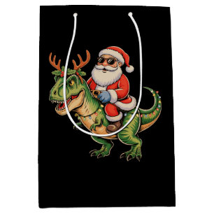 Sac Cadeau Moyen Père Noël à cheval sur un dinosaure T Rex Noël rét