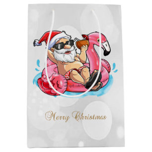 Sac Cadeau Moyen Père Noël cool, flamants roses, flou de plage