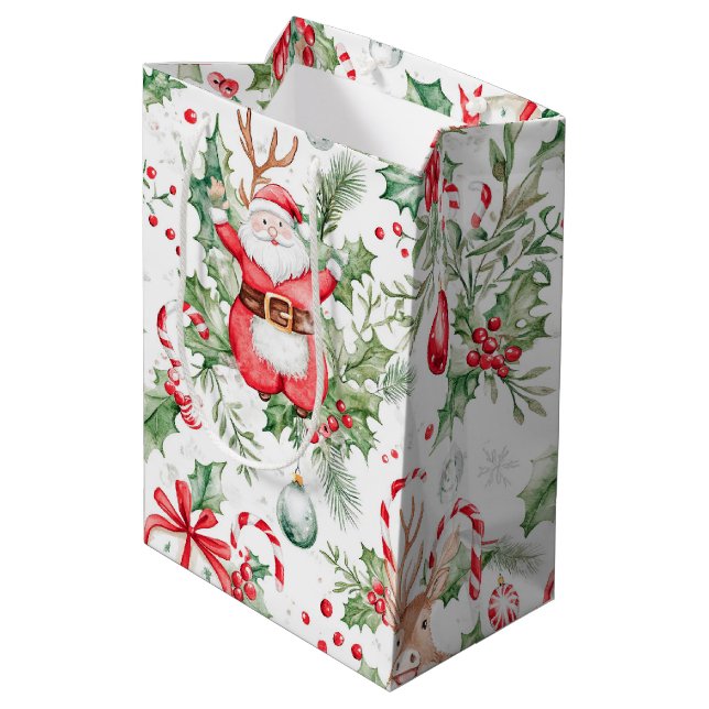 Sac Cadeau Moyen Père Noël Deer Baubles Holly Christmas (Dos Angle)