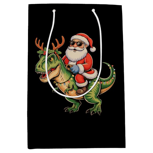 Sac Cadeau Moyen Père Noël équitation Dinosaur T Rex Noël Rétro Noë (Devant)