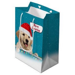 Sac Cadeau Moyen Père Noël Golden Retriever dans les flocons de nei
