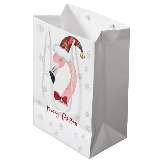 Sac Cadeau Moyen Père Noël moderne Flamant rose Snowflake Noël (Devant Angle)