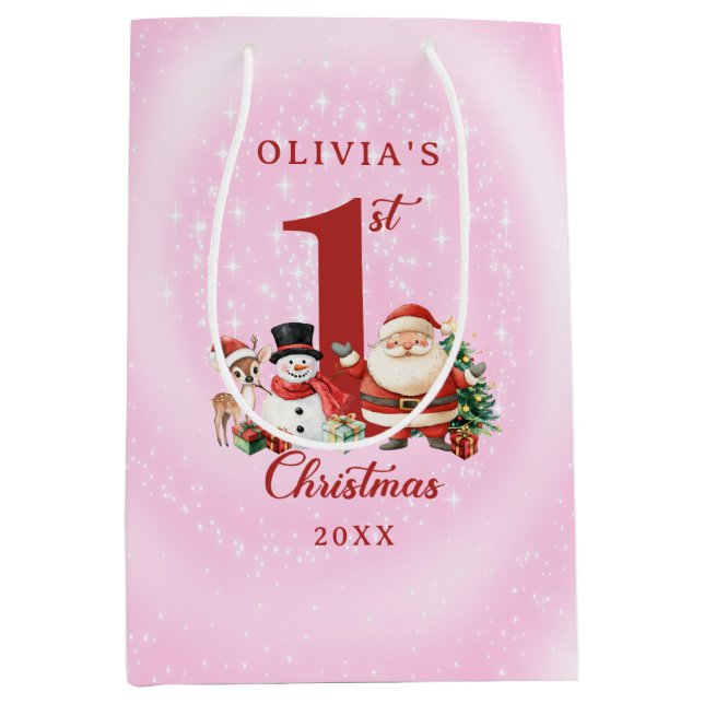 Sac Cadeau Moyen Père Noël, Reindeer et Snowman - Premier Noël (Devant)