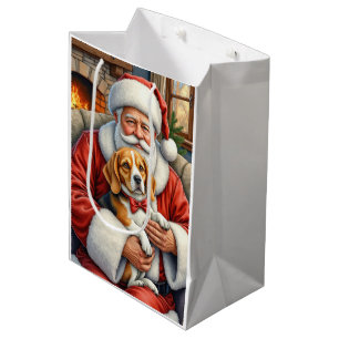 Sac Cadeau Moyen Père Noël tenant l'art de Noël Beagle
