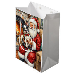 Sac Cadeau Moyen Père Noël tenant l'art de Noël de Boston Terrier
