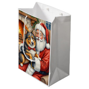 Sac Cadeau Moyen Père Noël tenant un berger australien de Noël