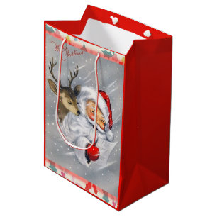 Sac Cadeau Moyen Père Noël vintage riant avec renne