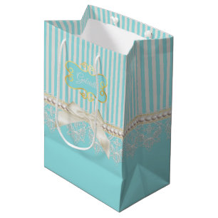 Sac Cadeau Moyen Perles et dentelle Aqua Stripes Crème Bow avec nom
