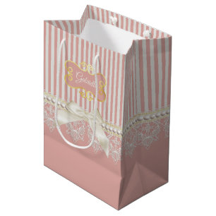Sac Cadeau Moyen Perles et dentelles Pink Stripes Crème Bow and Na