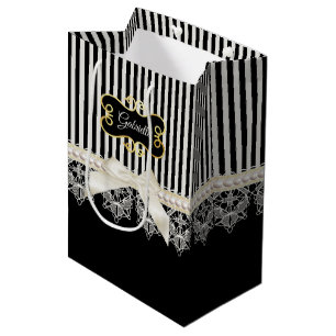 Sac Cadeau Moyen Perles et nom noir d'or d'arc de crème de rayures