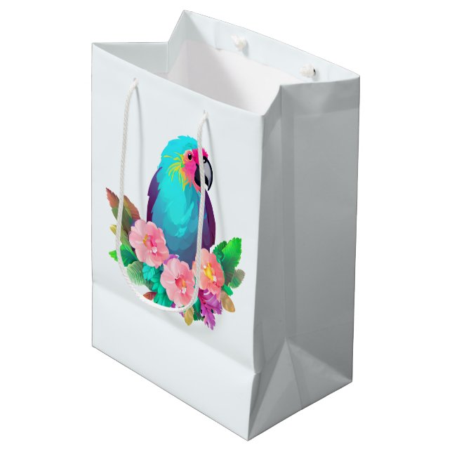 Sac Cadeau Moyen Perroquet bleu tropical aux fleurs tropicales (Devant Angle)