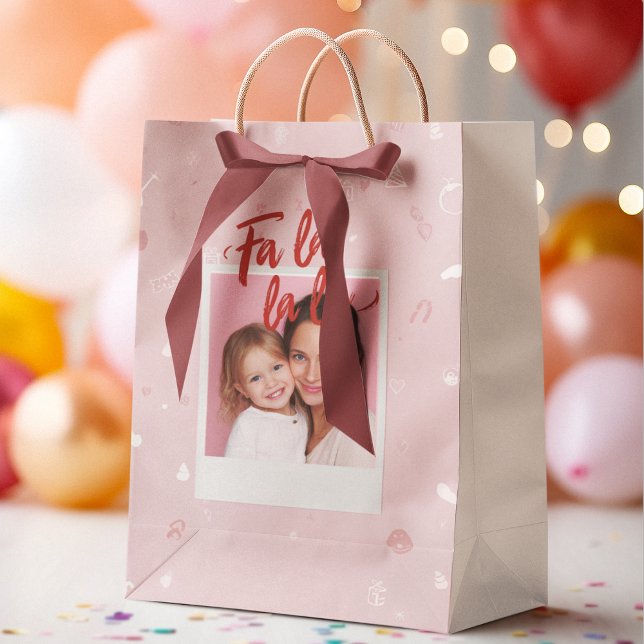 Sac Cadeau Moyen Personalized Fa La La La Pink Christmas Photo (Créateur téléchargé)