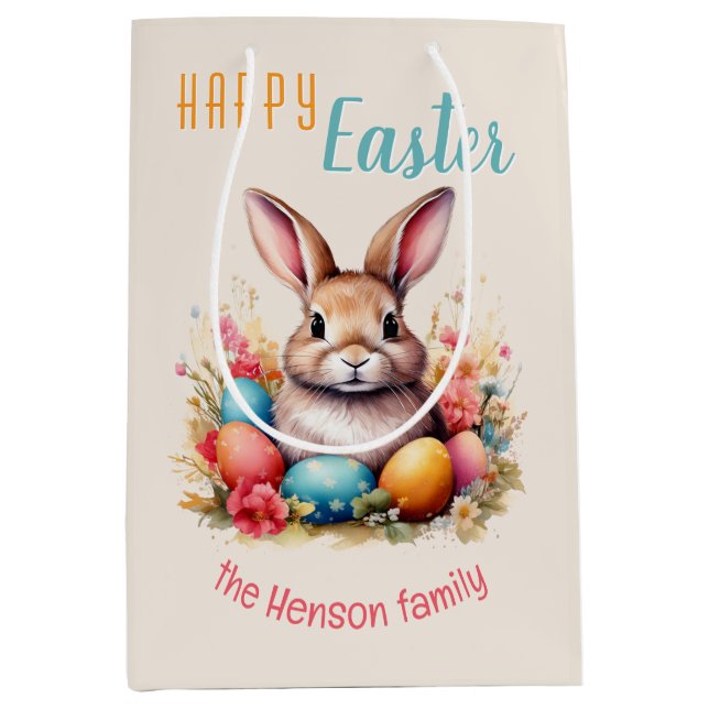 Sac Cadeau Moyen Personalized Happy Easter Bunny Eggs Family  (Devant)