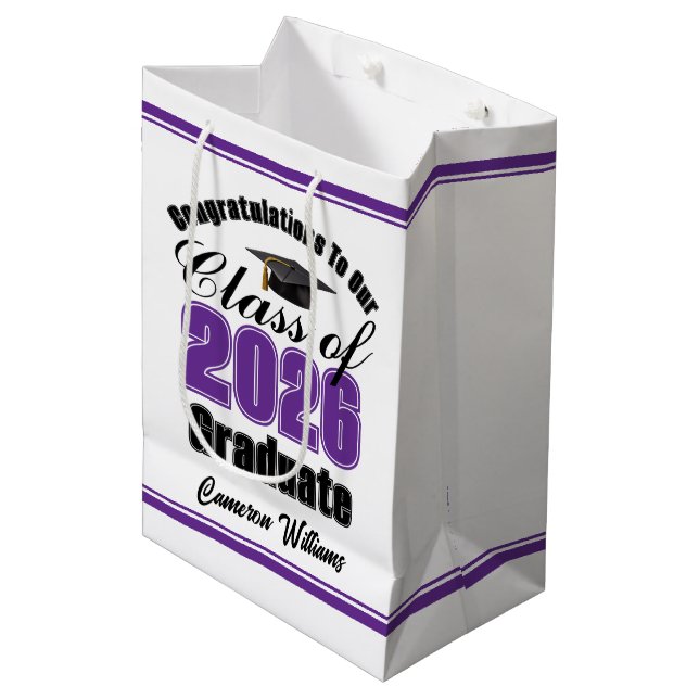 Sac Cadeau Moyen Personalized Purple Class of 2026 Graduation (Devant Angle)