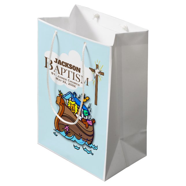 Sac Cadeau Moyen Personnalisable, Baby Boy Baptism Arche de Noah (Devant Angle)