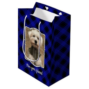 Sac Cadeau Moyen Personnalisé 2 Photos Personnalisées Plaid Bleu &