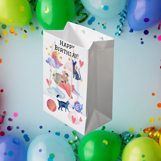 Sac Cadeau Moyen Personnalisé Cute Cow Space Chats Lune Whimsical (Créateur téléchargé)