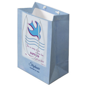 Sac Cadeau Moyen Personnaliser, Baptême Adulte Colombe sur Fond Ble