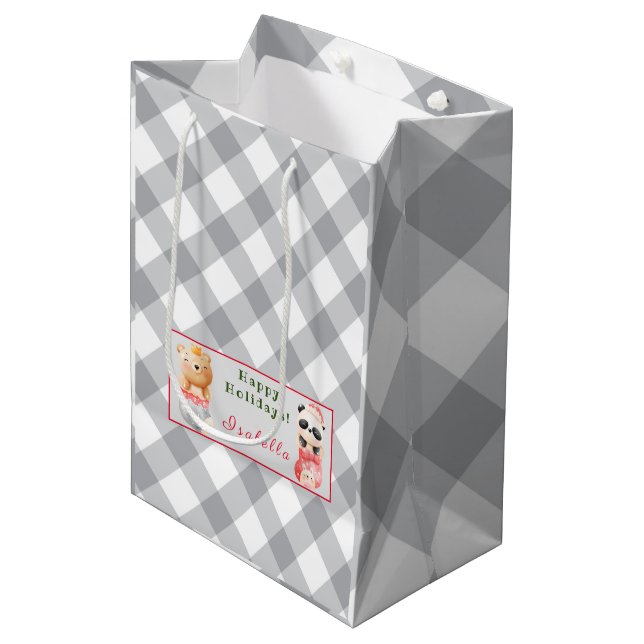 Sac Cadeau Moyen Personnaliser Panda et Ours Texte et nom (Devant Angle)