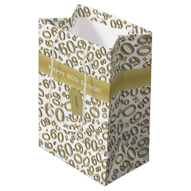Sac Cadeau Moyen Personnalisez:  Joyeux 60e anniversaire Gold/White (Devant Angle)
