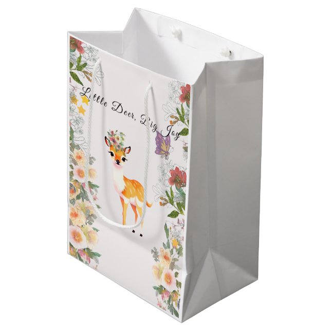 Sac Cadeau Moyen Petit cerf, Big Joy Fleur rose thème Baby shower (Devant Angle)
