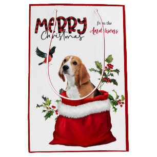 Sac Cadeau Moyen Petit chien Beagle Noël Oiseau