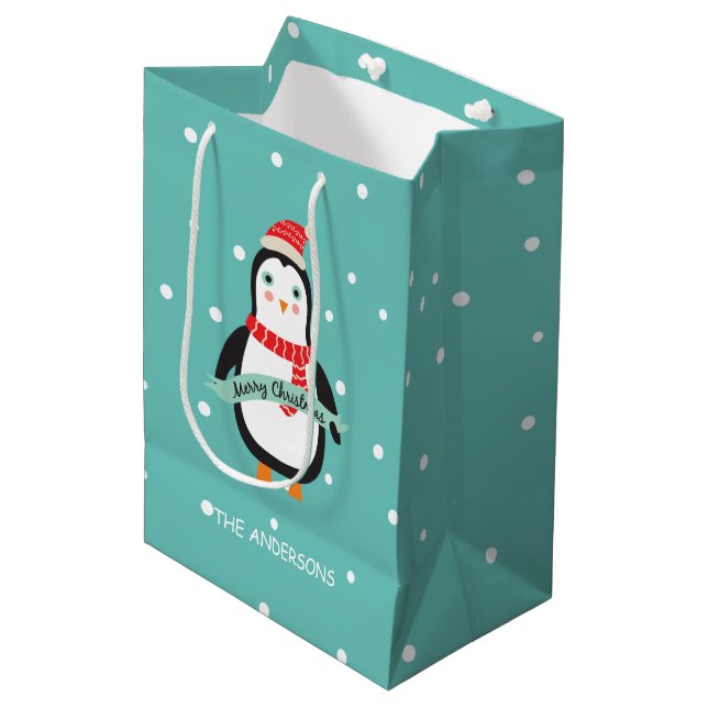 Sac Cadeau Moyen Petit pingouin mignon "Joyeux Noël " de Noël (Devant Angle)