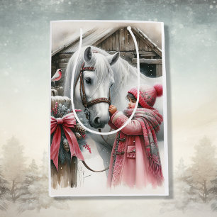 Sac Cadeau Moyen Petite fille et son cheval Noël rustique