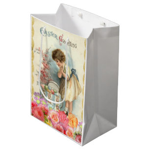 Sac Cadeau Moyen Petite fille vintage Joyeux oeufs de Pâques