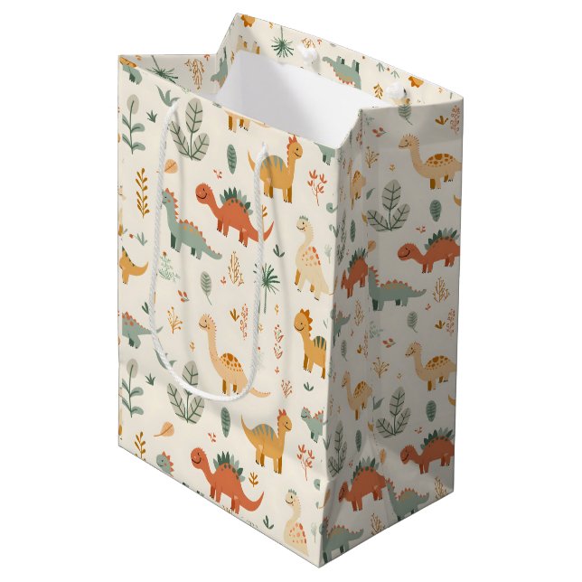 Sac Cadeau Moyen Petits Dinosaures Beige Neutre Tons (Devant Angle)