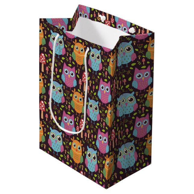 Sac Cadeau Moyen Petits Enfants Purple Bleu Orange Chouettes (Devant Angle)