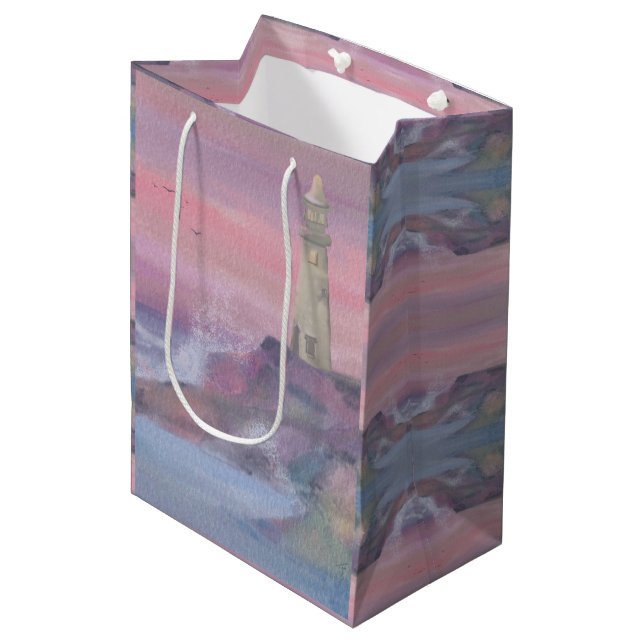 Sac Cadeau Moyen Phare Côtier Bluff Avec Ciel Rose (Devant Angle)