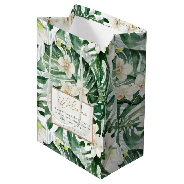 Sac Cadeau Moyen Philodendron Tropical Feuille Mariage Bienvenue (Devant Angle)