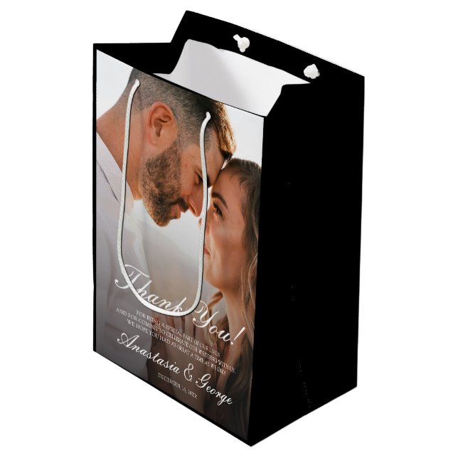 Sac Cadeau Moyen Photo moderne Black Mariage Merci (Devant Angle)