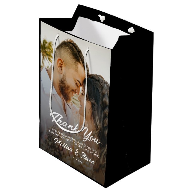 Sac Cadeau Moyen Photo moderne Black Mariage Merci (Devant Angle)
