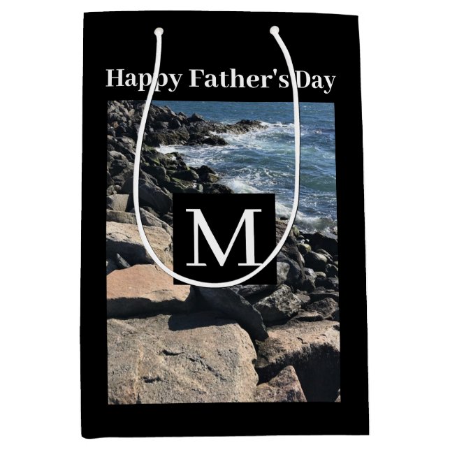 Sac Cadeau Moyen Photo Ocean Waves and Rocks Initial Black (Devant)