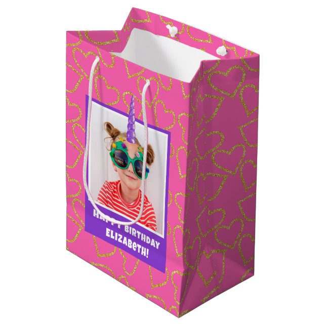 Sac Cadeau Moyen Photo personnalisée pour enfant Joyeux Anniversair (Devant Angle)