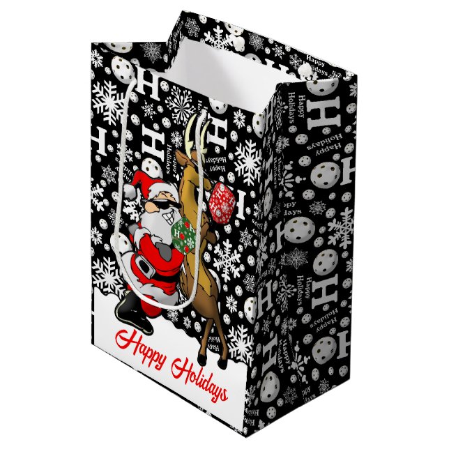 Sac Cadeau Moyen Pickleball Partners Père Noël & Reindeer Snowflake (Devant Angle)