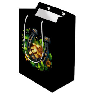 Sac Cadeau Moyen Pièces d'or de fer à cheval chanceux et trèfle