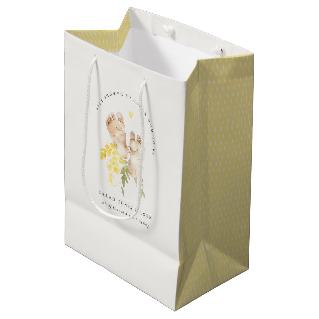Sac Cadeau Moyen Pieds bébé Jaune Floral Sexe Baby shower neutre (Devant Angle)