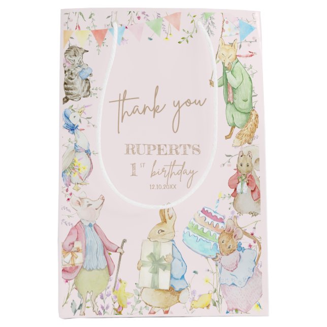 Sac Cadeau Moyen Pierre le lapin 1er anniversaire fille rose (Devant)