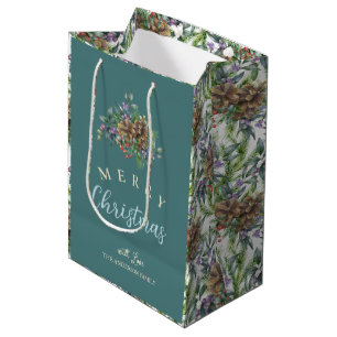 Sac Cadeau Moyen Pine cônes motif Joyeux Noël fleuri