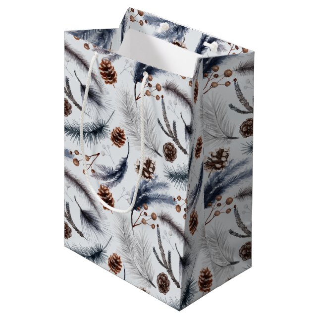 Sac Cadeau Moyen Pine Cones & Pine Needles Aquarelles Motif (Devant Angle)