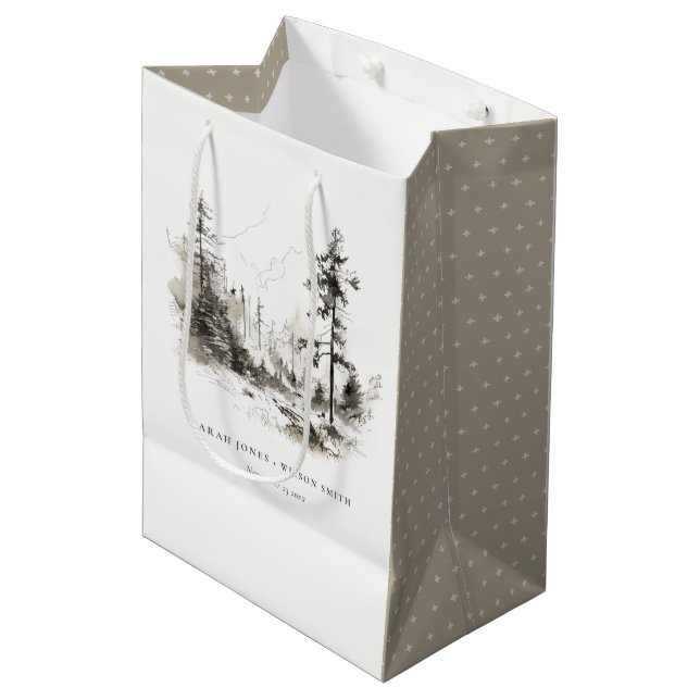 Sac Cadeau Moyen Pine Woods Mountain Paysage Mariage de croquis (Devant Angle)