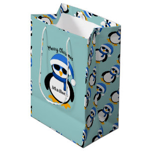 Sac Cadeau Moyen Pingouin cool mignon Joyeux Noël bleu Personnalise