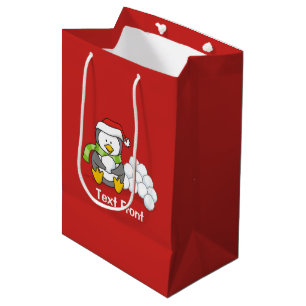 Sac Cadeau Moyen Pingouin de Noël assis avec des boules de neige
