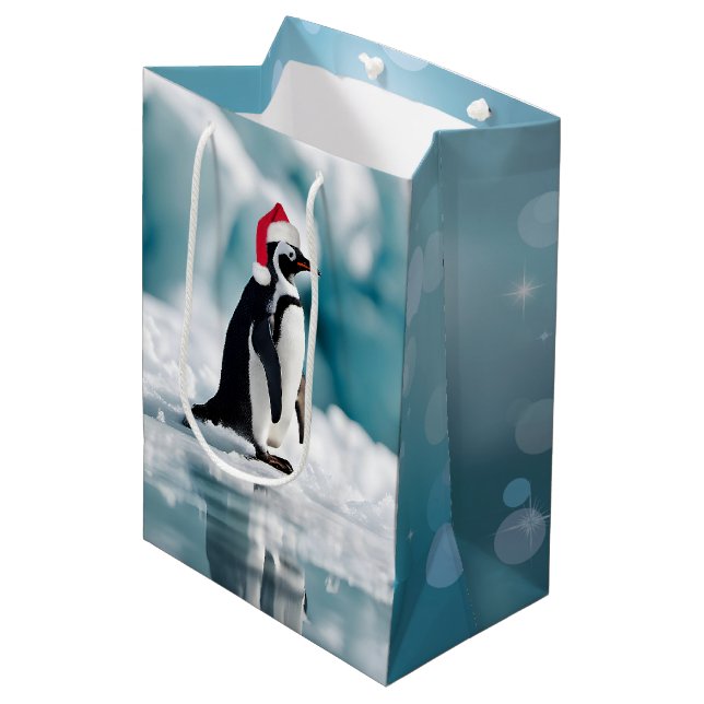 Sac Cadeau Moyen Pingouin de Noël avec Casquette (Devant Angle)